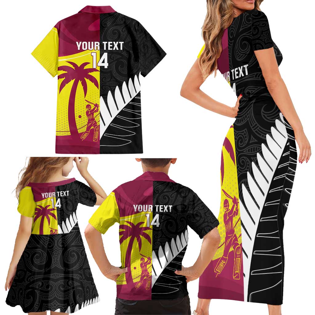 New Zealand and West Indies Cricket Custom Family Matching Short Sleeve Bodycon Dress and Hawaiian Shirt Black Cap Windies Together - Wonder Print Shop