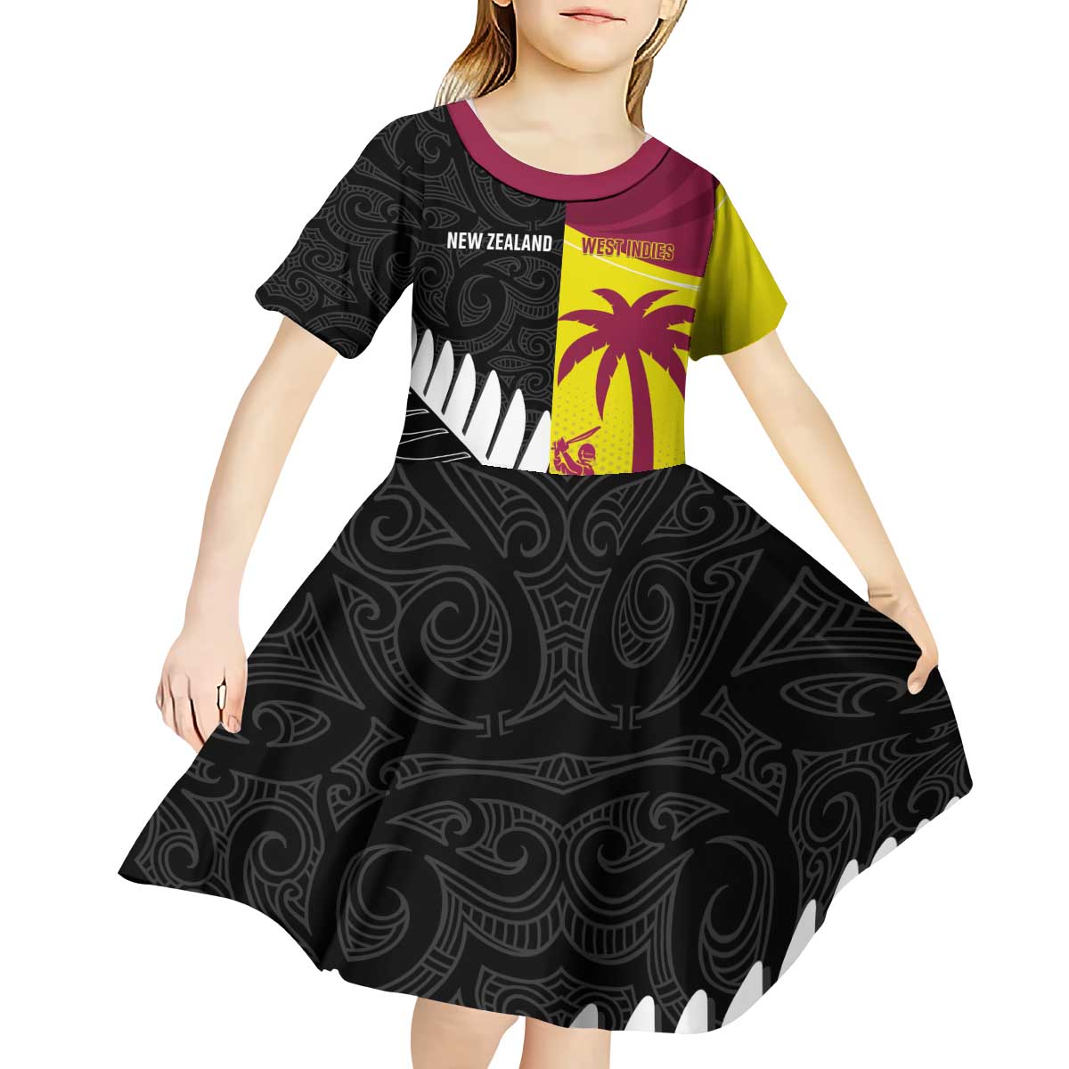 New Zealand and West Indies Cricket Custom Kid Short Sleeve Dress Black Cap Windies Together - Wonder Print Shop