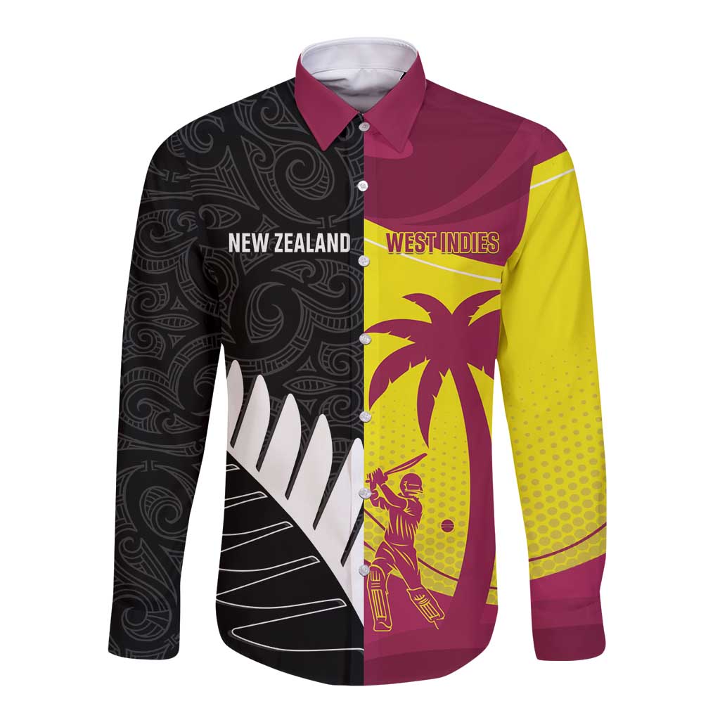 New Zealand and West Indies Cricket Custom Long Sleeve Button Shirt Black Cap Windies Together - Wonder Print Shop