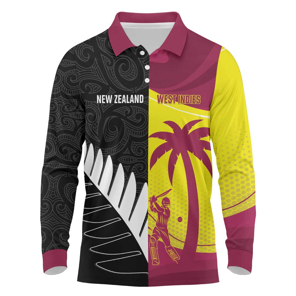 New Zealand and West Indies Cricket Custom Long Sleeve Polo Shirt Black Cap Windies Together - Wonder Print Shop