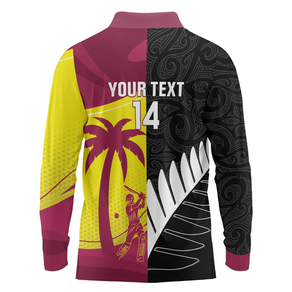 New Zealand and West Indies Cricket Custom Long Sleeve Polo Shirt Black Cap Windies Together - Wonder Print Shop