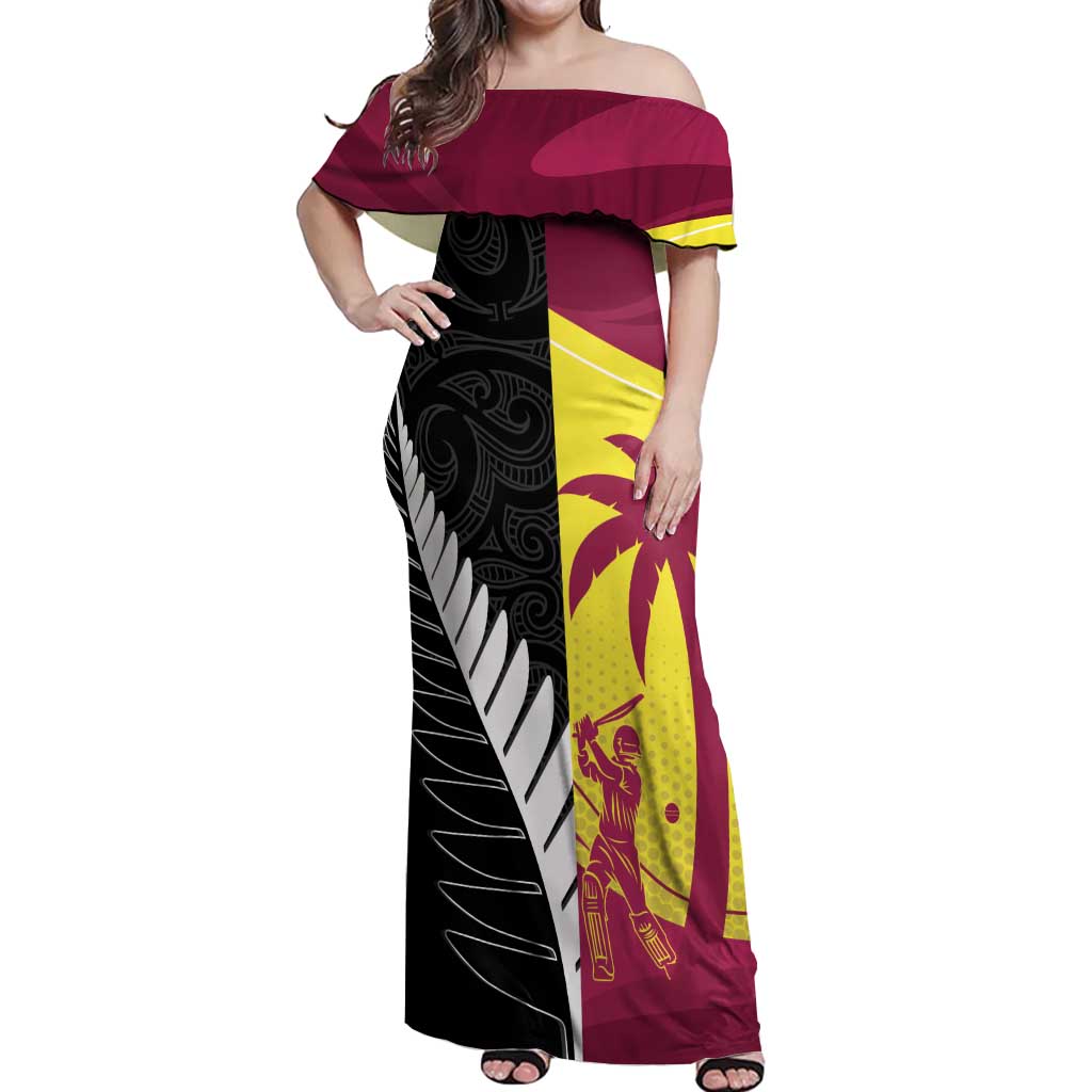 New Zealand and West Indies Cricket Custom Off Shoulder Maxi Dress Black Cap Windies Together - Wonder Print Shop