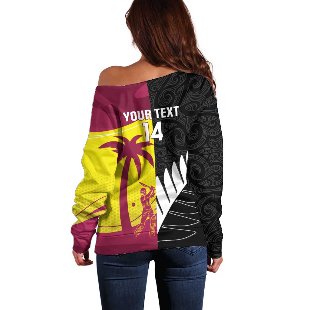 New Zealand and West Indies Cricket Custom Off Shoulder Sweater Black Cap Windies Together - Wonder Print Shop