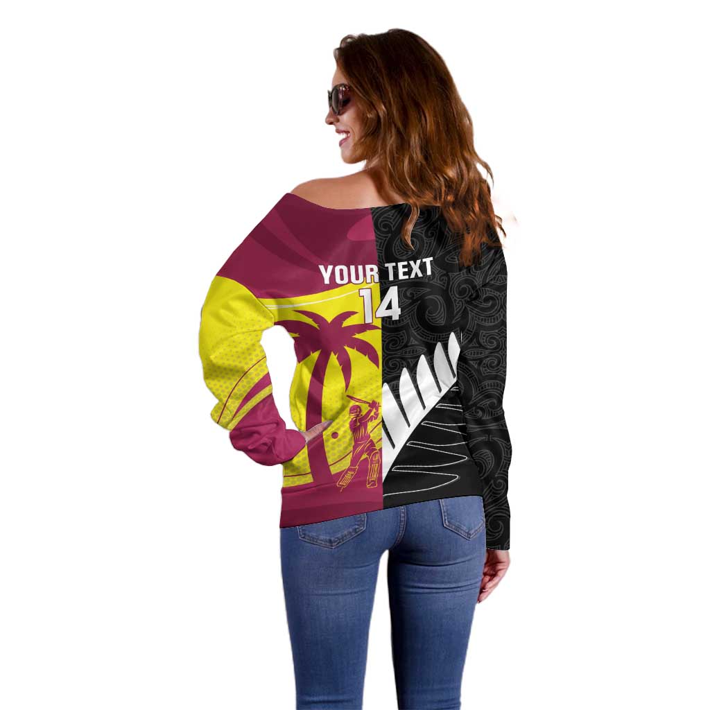 New Zealand and West Indies Cricket Custom Off Shoulder Sweater Black Cap Windies Together - Wonder Print Shop