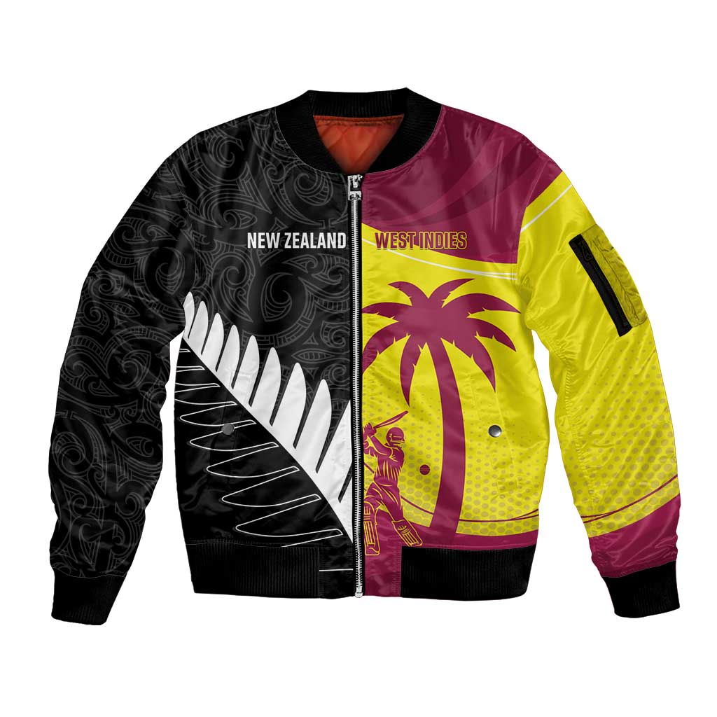 New Zealand and West Indies Cricket Custom Sleeve Zip Bomber Jacket Black Cap Windies Together - Wonder Print Shop