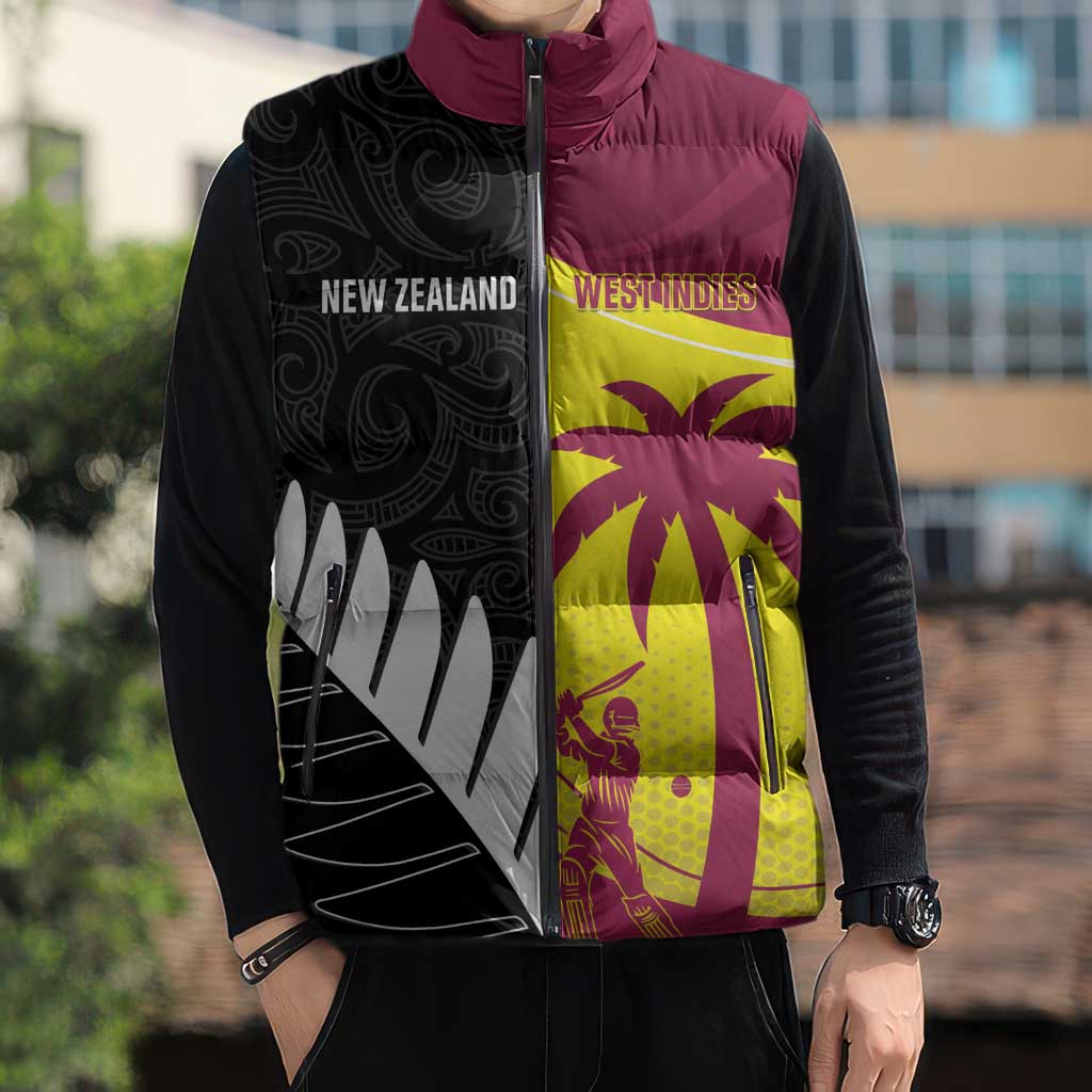 New Zealand and West Indies Cricket Custom Sleeveless Puffer Jacket Black Cap Windies Together - Wonder Print Shop