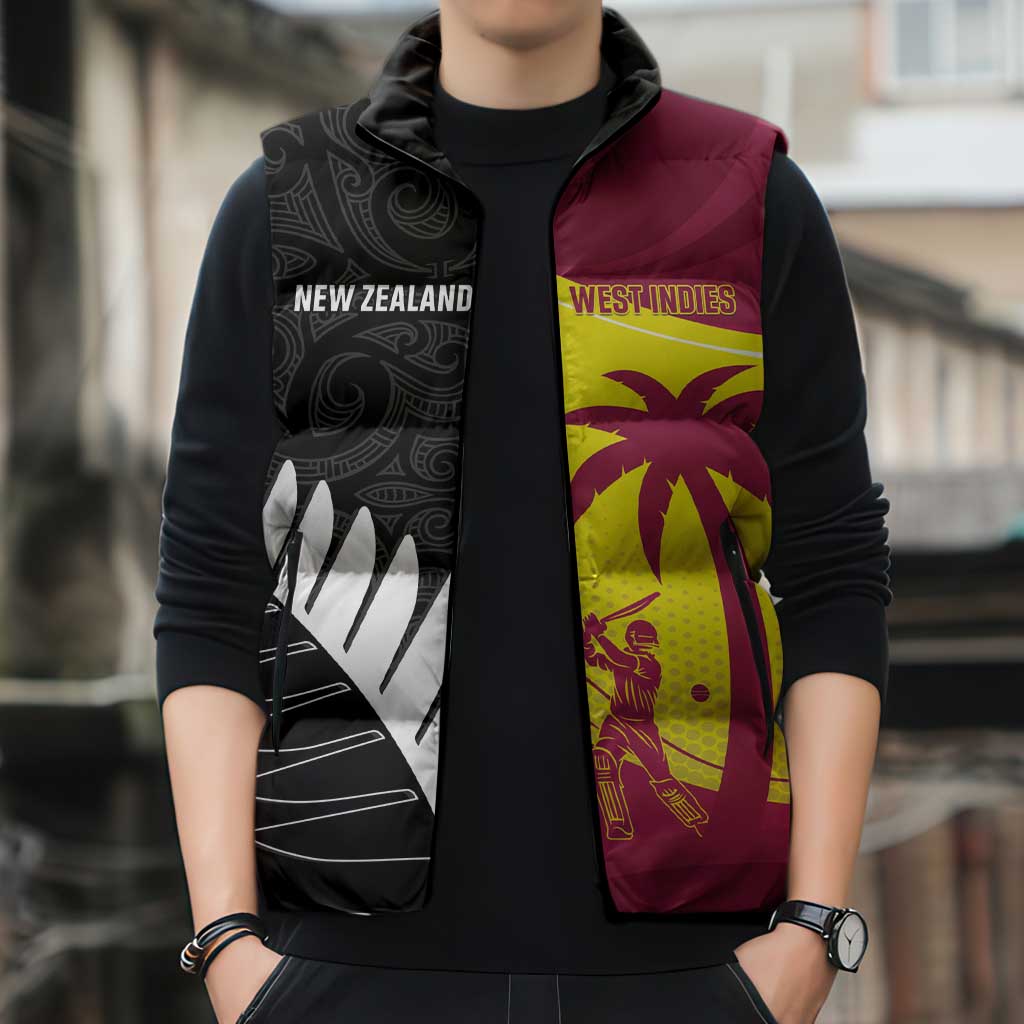 New Zealand and West Indies Cricket Custom Sleeveless Puffer Jacket Black Cap Windies Together - Wonder Print Shop