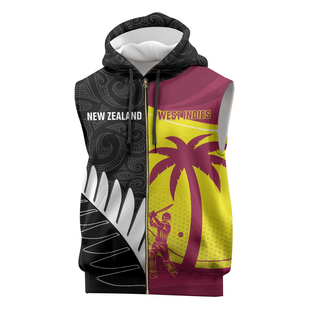 New Zealand and West Indies Cricket Custom Sleeveless Zip Hoodie Black Cap Windies Together - Wonder Print Shop