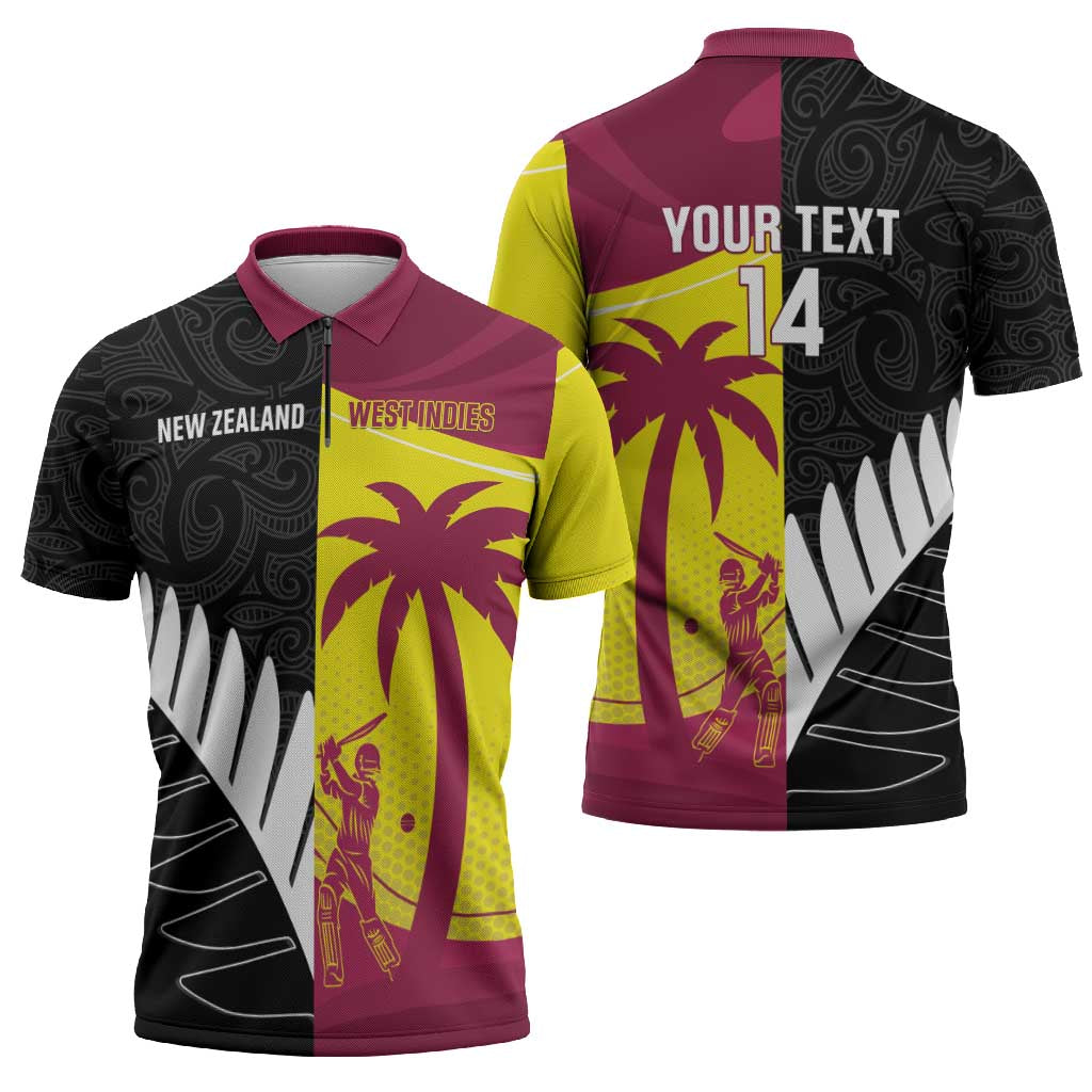 New Zealand and West Indies Cricket Custom Zipper Polo Shirt Black Cap Windies Together - Wonder Print Shop