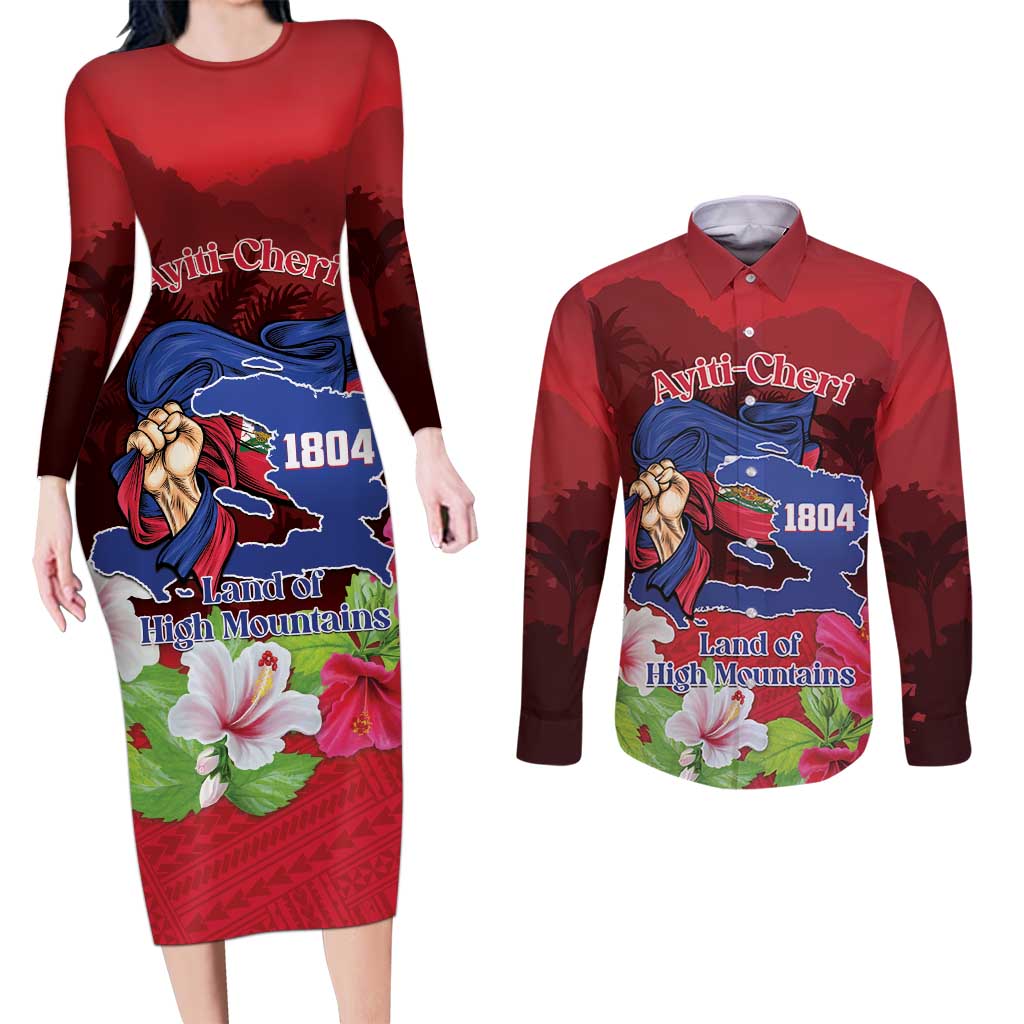 Ayiti-Cheri Independence Day Couples Matching Long Sleeve Bodycon Dress and Long Sleeve Button Shirt Land of High Mountains - Wonder Print Shop