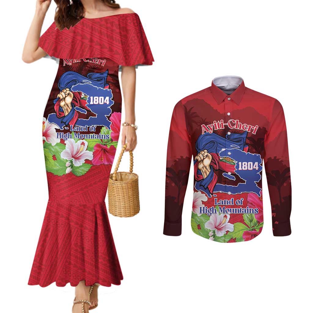 Ayiti-Cheri Independence Day Couples Matching Mermaid Dress and Long Sleeve Button Shirt Land of High Mountains