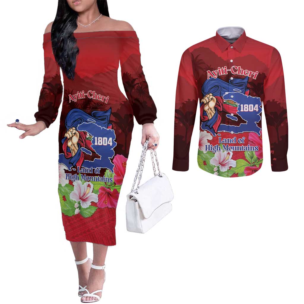 Ayiti-Cheri Independence Day Couples Matching Off The Shoulder Long Sleeve Dress and Long Sleeve Button Shirt Land of High Mountains