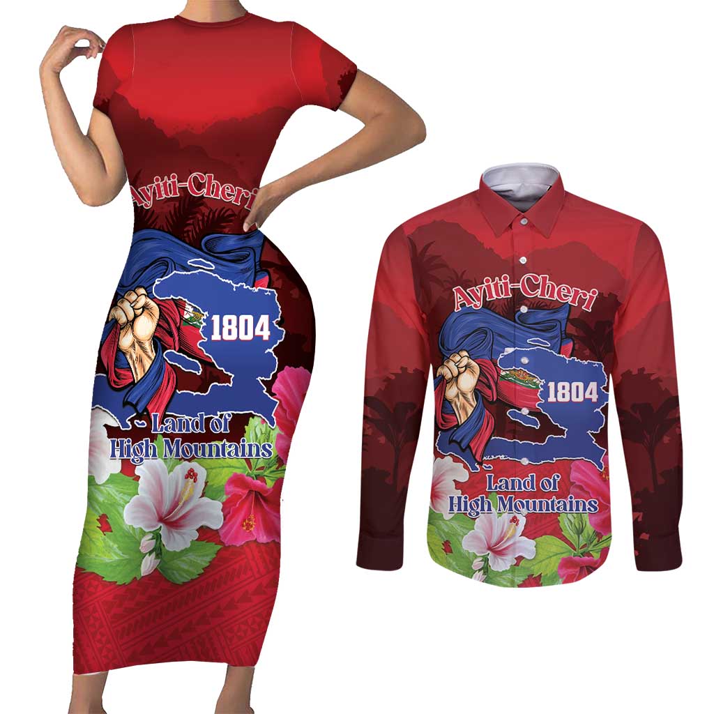 Ayiti-Cheri Independence Day Couples Matching Short Sleeve Bodycon Dress and Long Sleeve Button Shirt Land of High Mountains - Wonder Print Shop