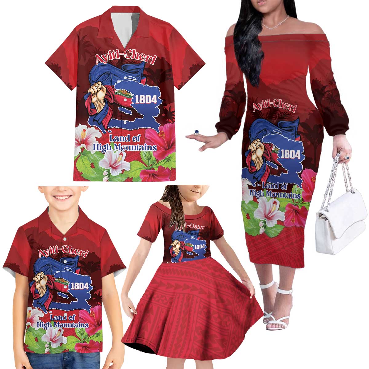 Ayiti-Cheri Independence Day Family Matching Off The Shoulder Long Sleeve Dress and Hawaiian Shirt Land of High Mountains - Wonder Print Shop