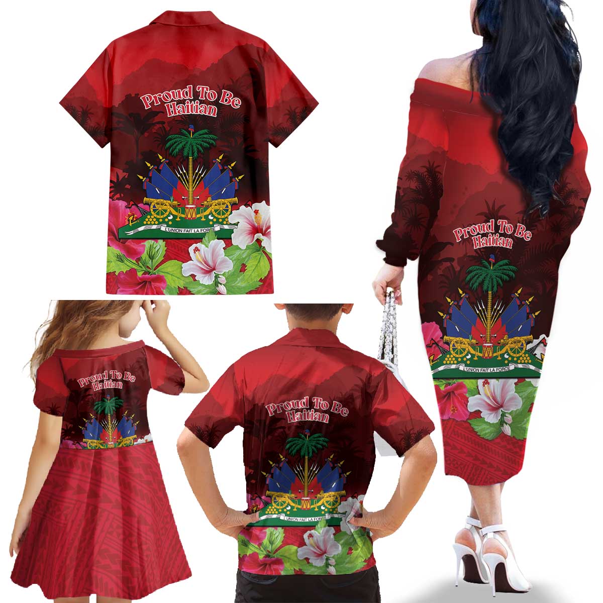 Ayiti-Cheri Independence Day Family Matching Off The Shoulder Long Sleeve Dress and Hawaiian Shirt Land of High Mountains - Wonder Print Shop
