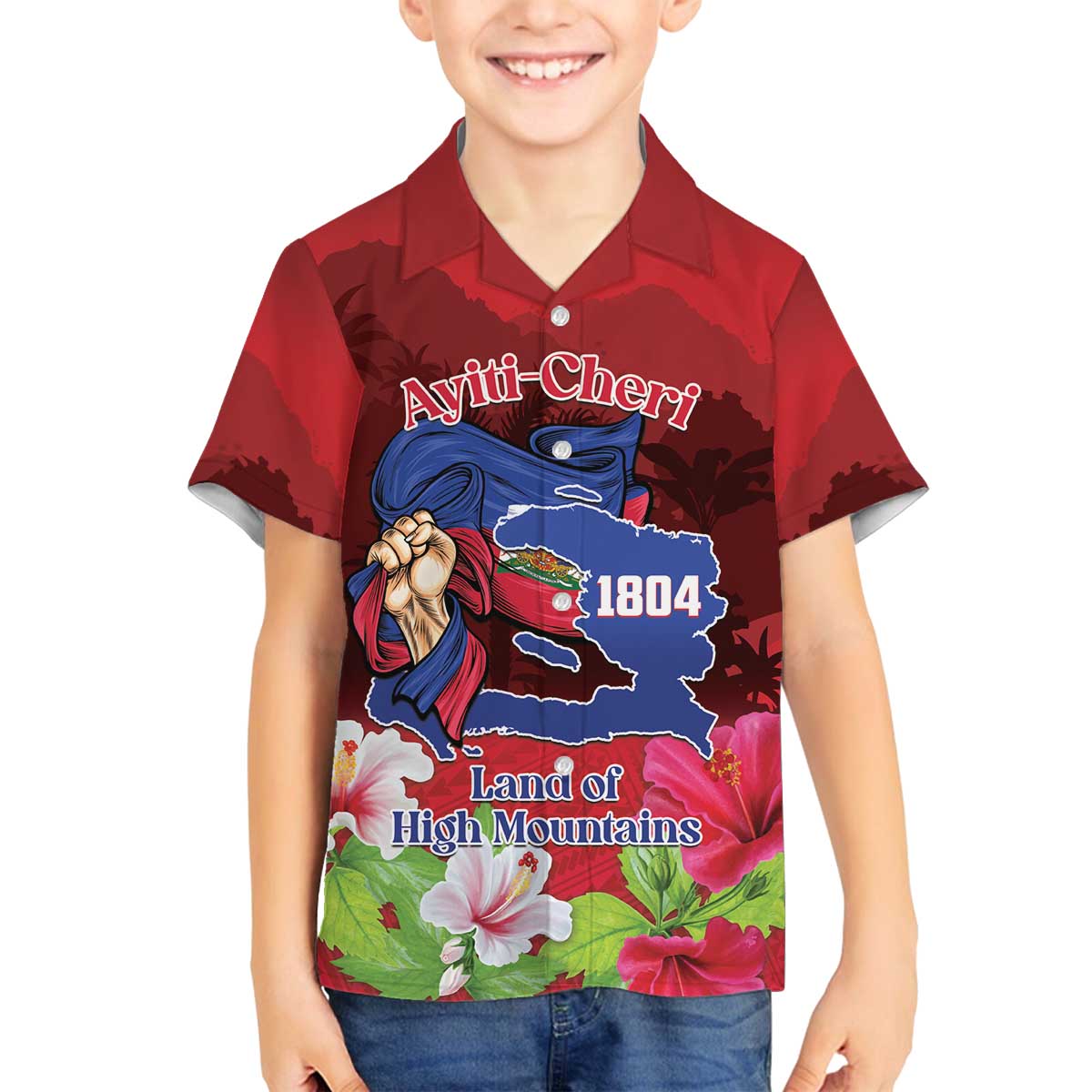 Ayiti-Cheri Independence Day Family Matching Off The Shoulder Long Sleeve Dress and Hawaiian Shirt Land of High Mountains - Wonder Print Shop