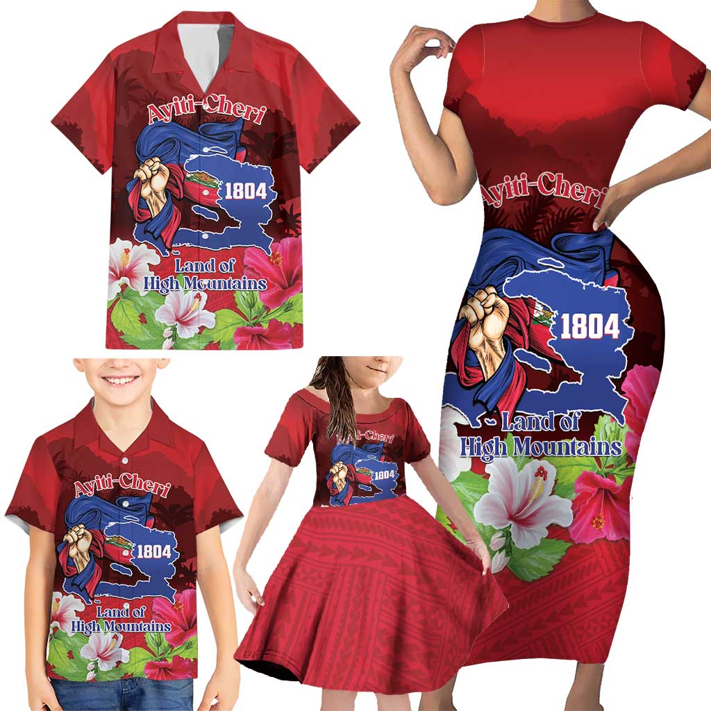 Ayiti-Cheri Independence Day Family Matching Short Sleeve Bodycon Dress and Hawaiian Shirt Land of High Mountains - Wonder Print Shop