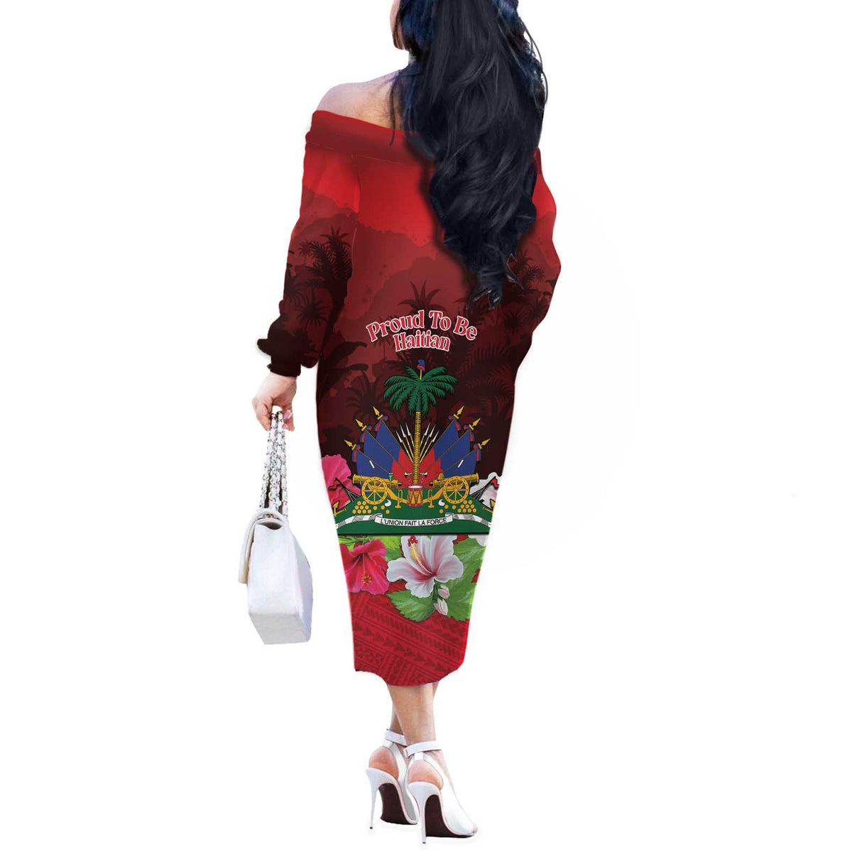 Ayiti-Cheri Independence Day Off The Shoulder Long Sleeve Dress Land of High Mountains - Wonder Print Shop