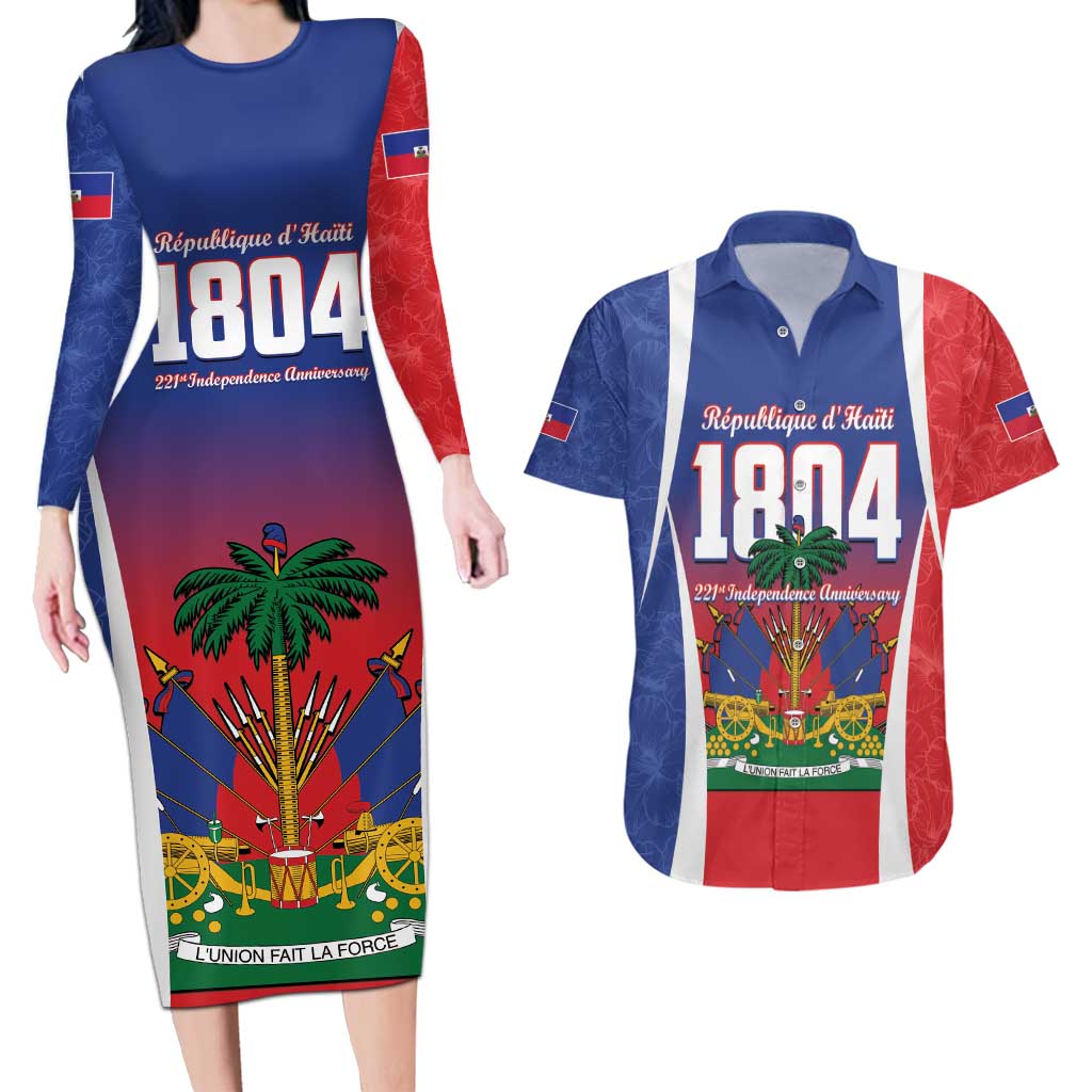 Personalized Haiti 1804 Couples Matching Long Sleeve Bodycon Dress and Hawaiian Shirt Happy 221st Independence Anniversary - Wonder Print Shop