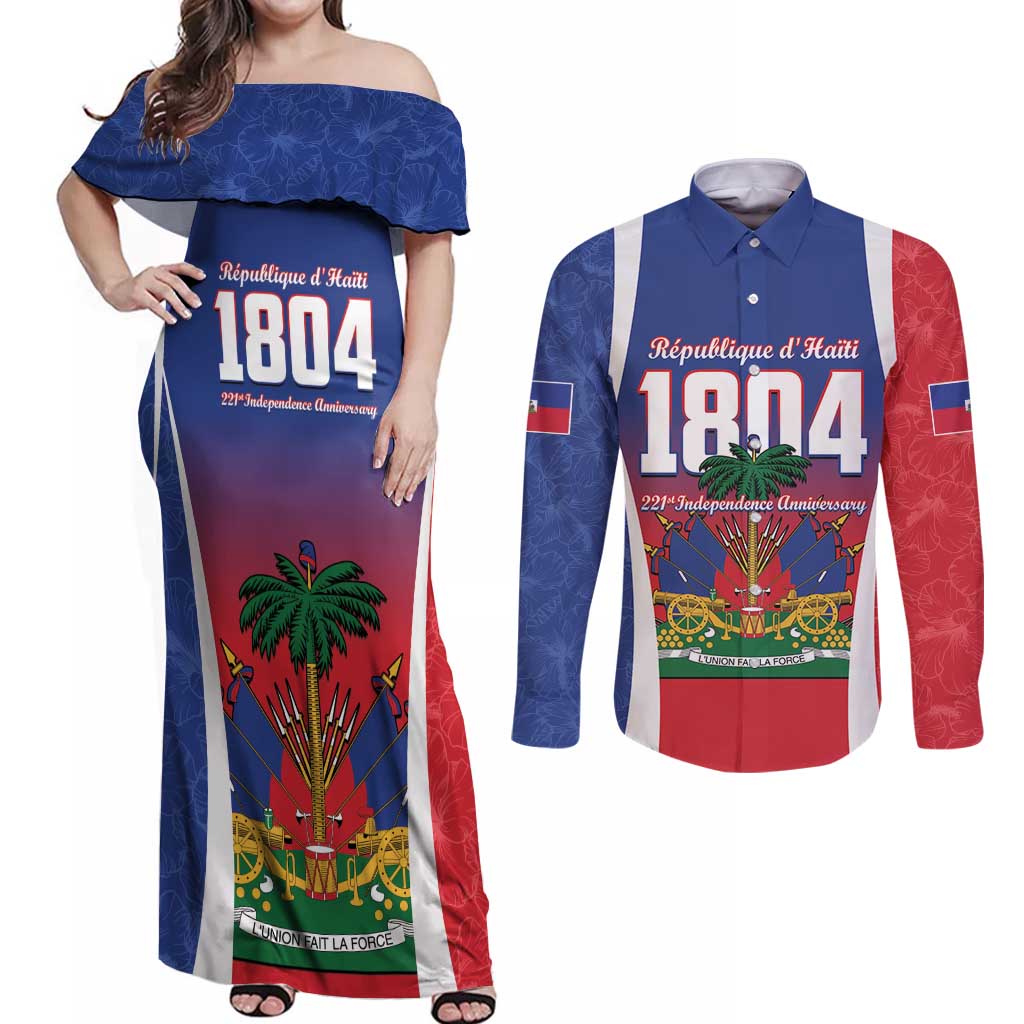 Personalized Haiti 1804 Couples Matching Off Shoulder Maxi Dress and Long Sleeve Button Shirt Happy 221st Independence Anniversary - Wonder Print Shop