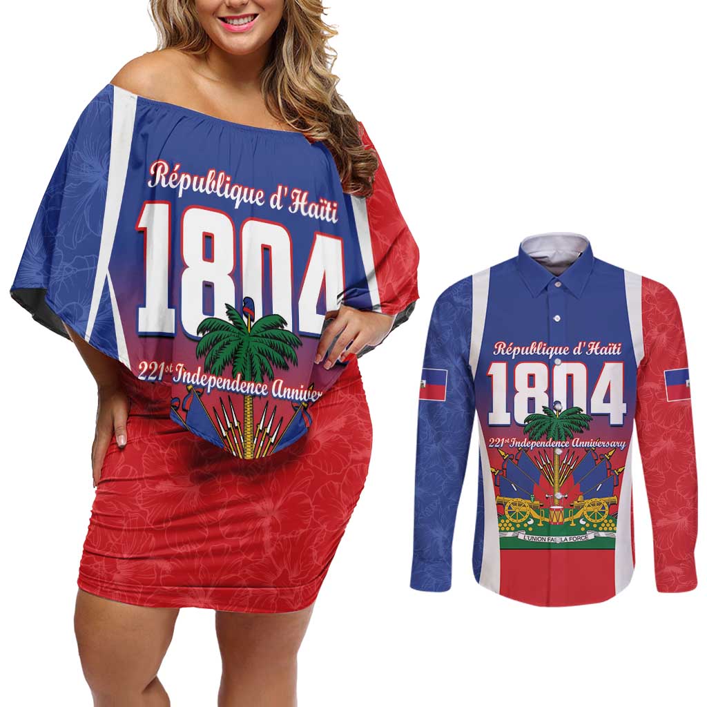 Personalized Haiti 1804 Couples Matching Off Shoulder Short Dress and Long Sleeve Button Shirt Happy 221st Independence Anniversary - Wonder Print Shop