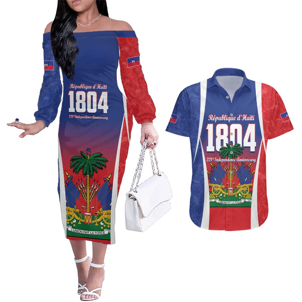 Personalized Haiti 1804 Couples Matching Off The Shoulder Long Sleeve Dress and Hawaiian Shirt Happy 221st Independence Anniversary - Wonder Print Shop