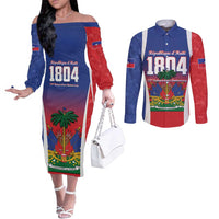 Personalized Haiti 1804 Couples Matching Off The Shoulder Long Sleeve Dress and Long Sleeve Button Shirt Happy 221st Independence Anniversary