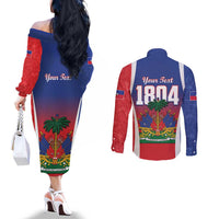 Personalized Haiti 1804 Couples Matching Off The Shoulder Long Sleeve Dress and Long Sleeve Button Shirt Happy 221st Independence Anniversary