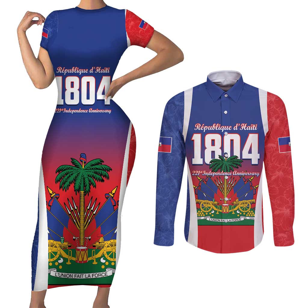 Personalized Haiti 1804 Couples Matching Short Sleeve Bodycon Dress and Long Sleeve Button Shirt Happy 221st Independence Anniversary - Wonder Print Shop