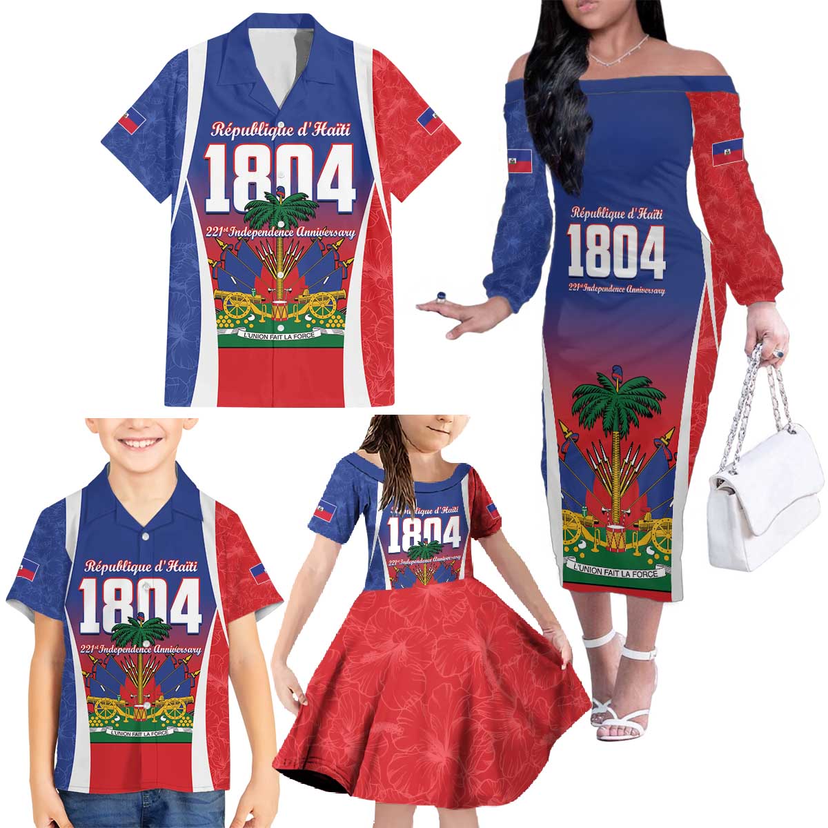 Personalized Haiti 1804 Family Matching Off The Shoulder Long Sleeve Dress and Hawaiian Shirt Happy 221st Independence Anniversary - Wonder Print Shop