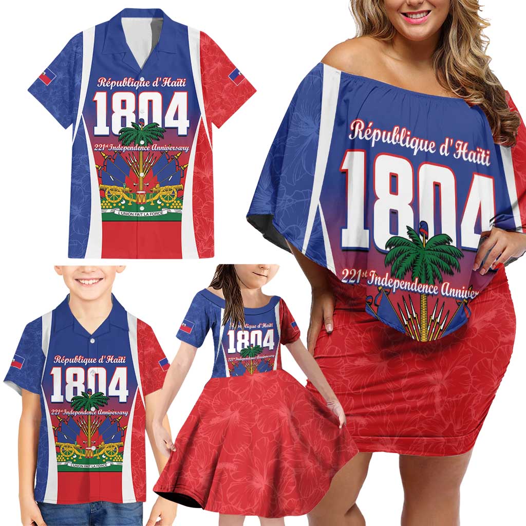 Personalized Haiti 1804 Family Matching Off Shoulder Short Dress and Hawaiian Shirt Happy 221st Independence Anniversary - Wonder Print Shop