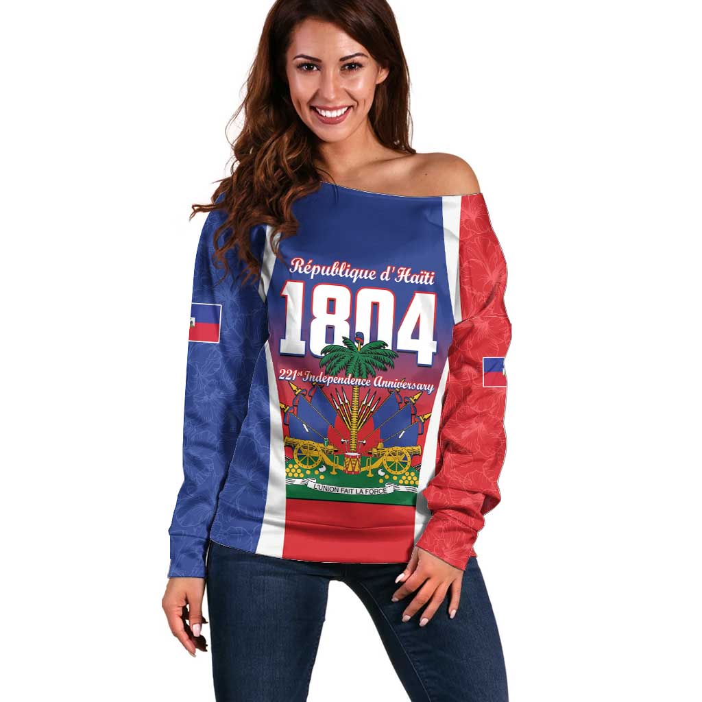 Personalized Haiti 1804 Off Shoulder Sweater Happy 221st Independence Anniversary - Wonder Print Shop