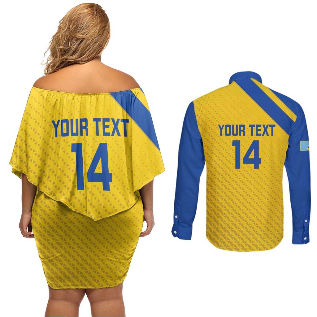 Custom Saint Lucia Football Couples Matching Off Shoulder Short Dress and Long Sleeve Button Shirt 2025 Go Champions - Yellow Version
