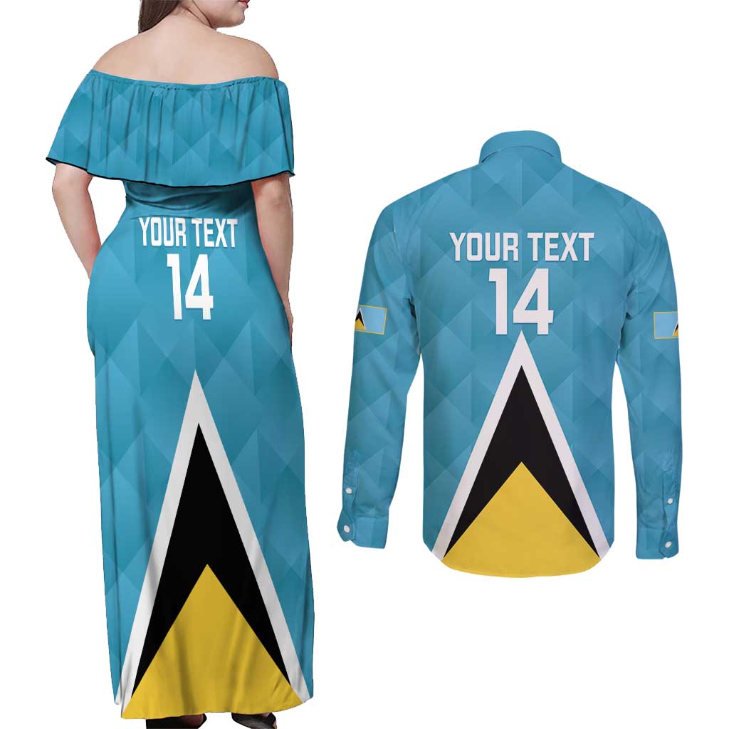 Custom Saint Lucia Football Couples Matching Off Shoulder Maxi Dress and Long Sleeve Button Shirt Flag Style