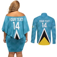 Custom Saint Lucia Football Couples Matching Off Shoulder Short Dress and Long Sleeve Button Shirt Flag Style