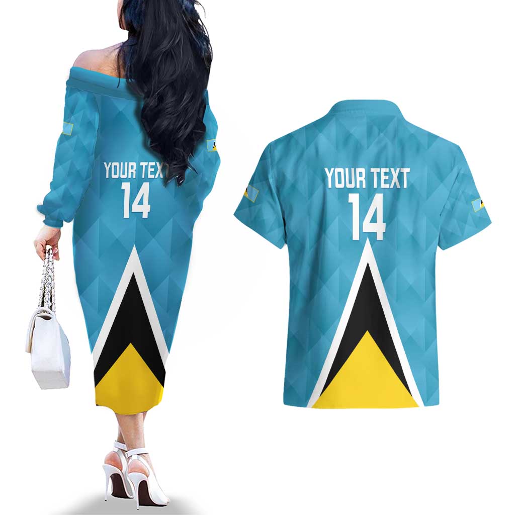 Custom Saint Lucia Football Couples Matching Off The Shoulder Long Sleeve Dress and Hawaiian Shirt Flag Style