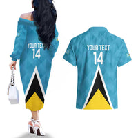 Custom Saint Lucia Football Couples Matching Off The Shoulder Long Sleeve Dress and Hawaiian Shirt Flag Style
