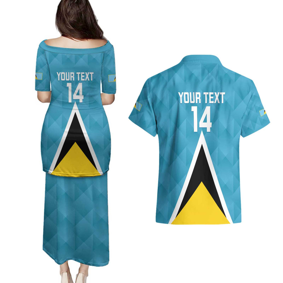 Custom Saint Lucia Football Couples Matching Puletasi and Hawaiian Shirt Flag Style