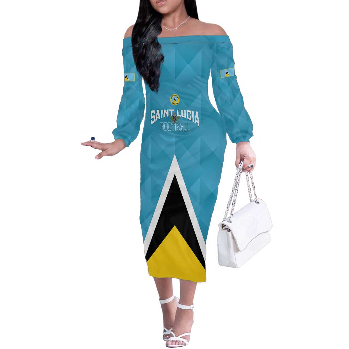 Custom Saint Lucia Football Family Matching Off The Shoulder Long Sleeve Dress and Hawaiian Shirt Flag Style