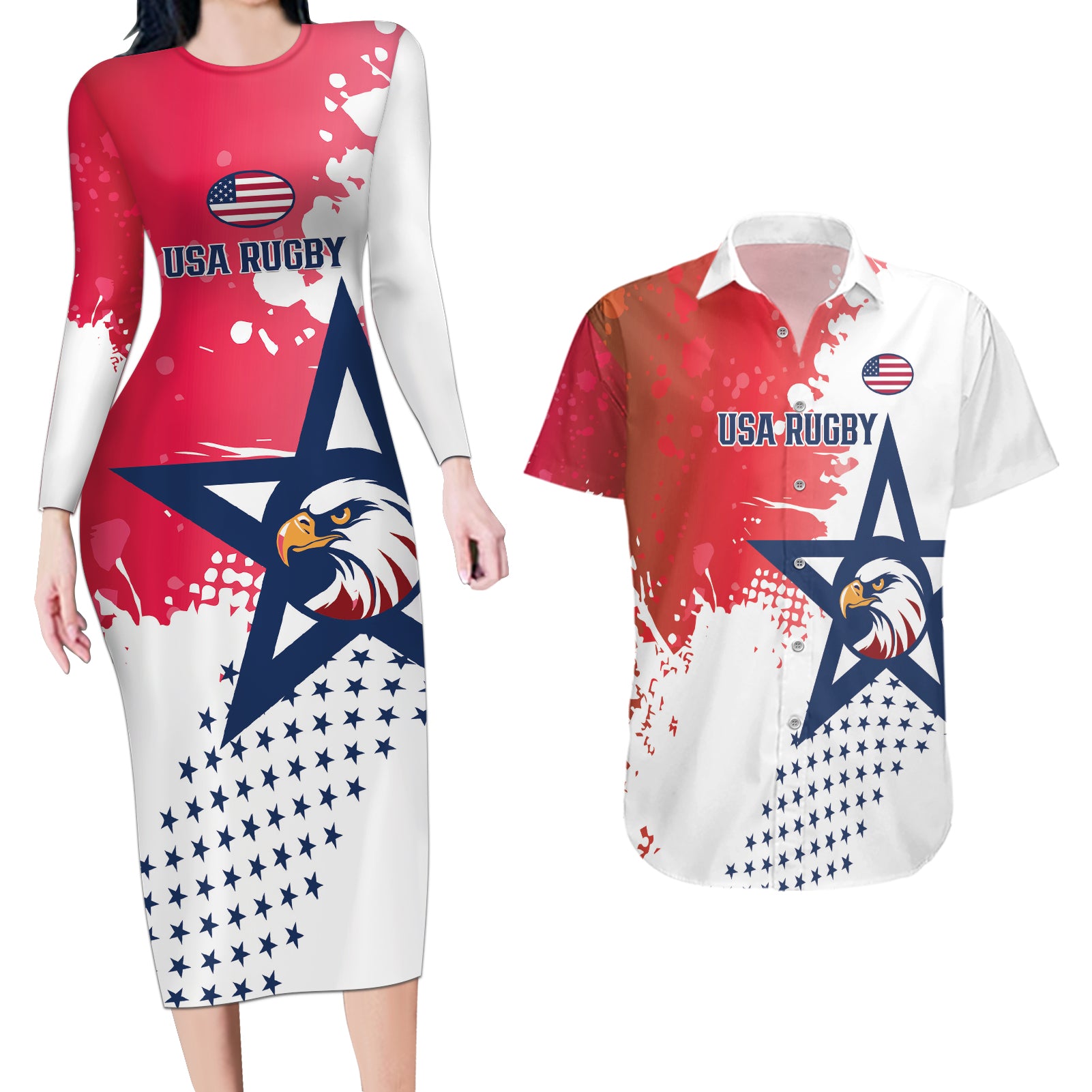 Custom United States Rugby Couples Matching Long Sleeve Bodycon Dress and Hawaiian Shirt 2024 Pacific Go Eagles - Wonder Print Shop