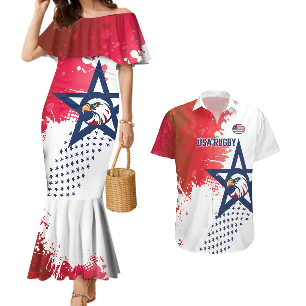 Custom United States Rugby Couples Matching Mermaid Dress and Hawaiian Shirt 2024 Pacific Go Eagles - Wonder Print Shop