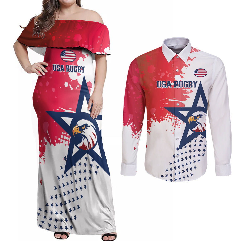 Custom United States Rugby Couples Matching Off Shoulder Maxi Dress and Long Sleeve Button Shirt 2024 Pacific Go Eagles - Wonder Print Shop