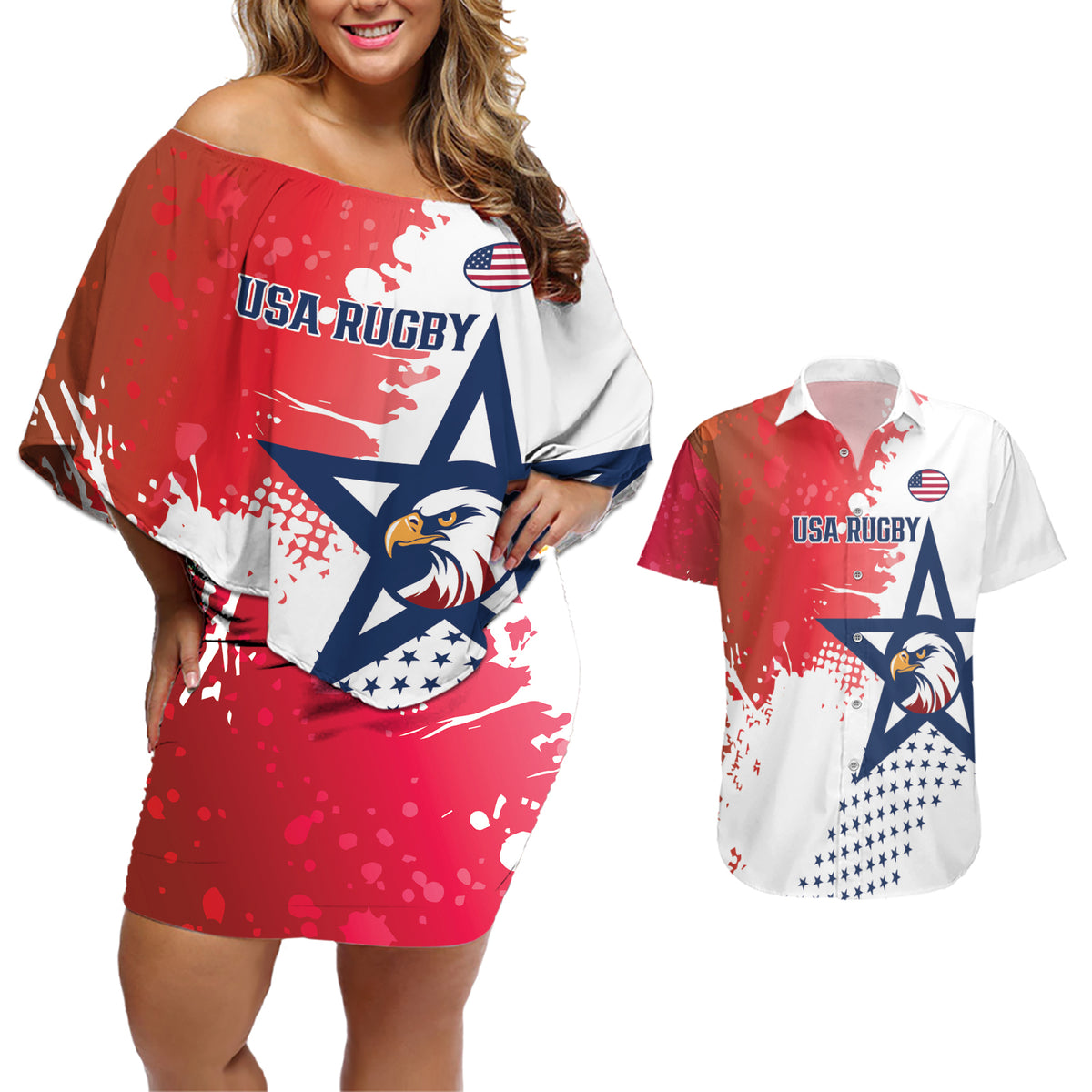 Custom United States Rugby Couples Matching Off Shoulder Short Dress and Hawaiian Shirt 2024 Pacific Go Eagles - Wonder Print Shop
