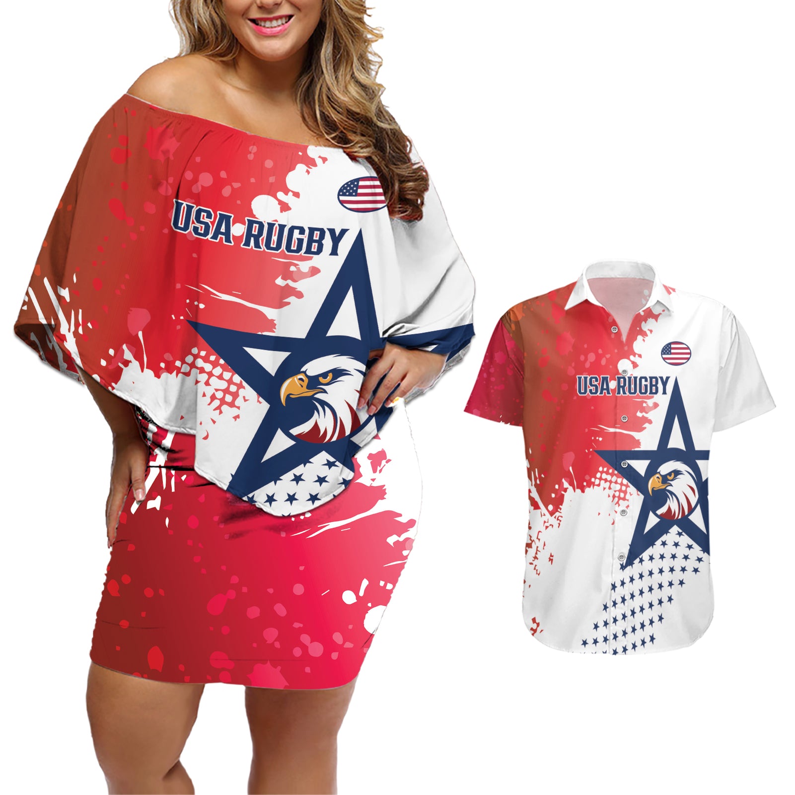 Custom United States Rugby Couples Matching Off Shoulder Short Dress and Hawaiian Shirt 2024 Pacific Go Eagles - Wonder Print Shop