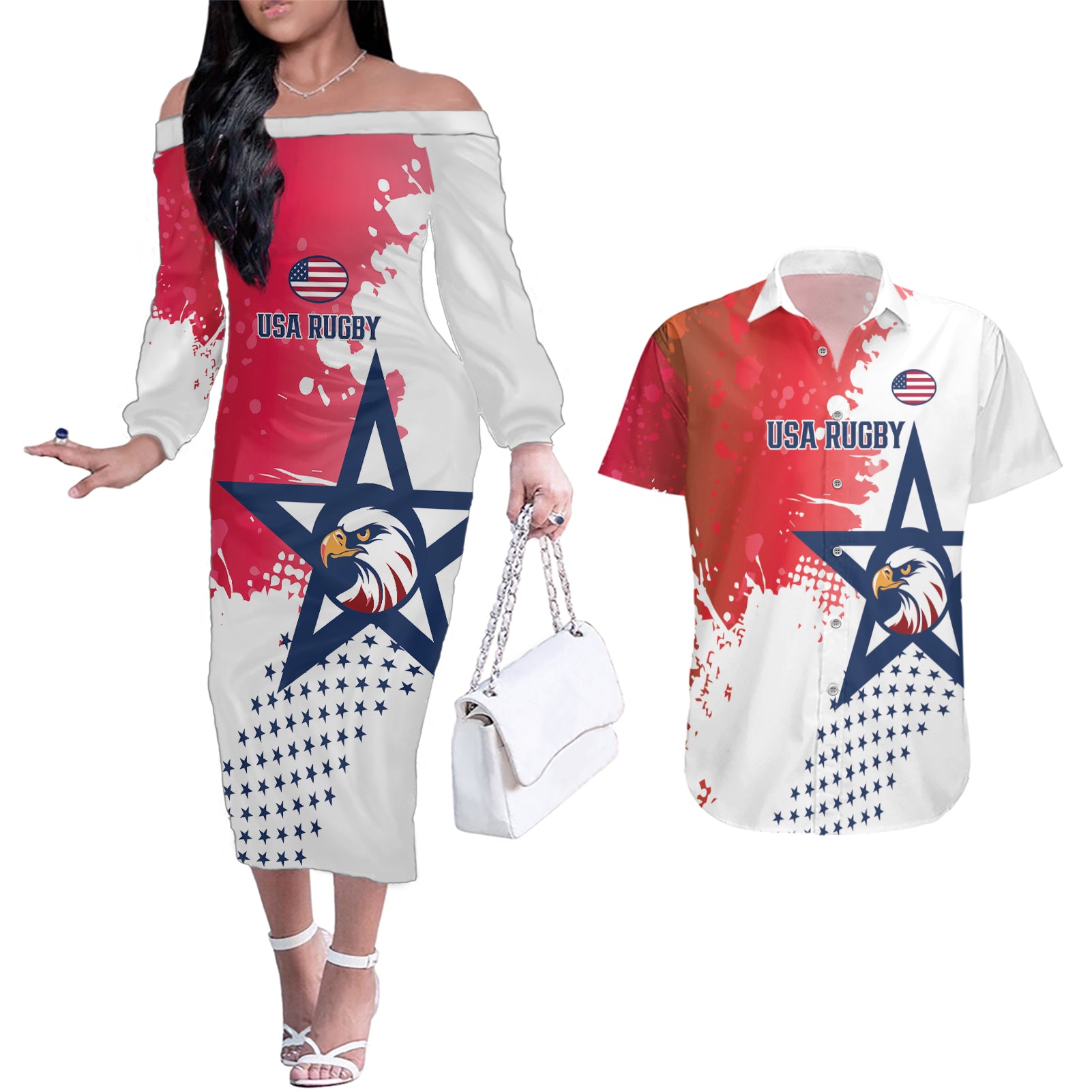 Custom United States Rugby Couples Matching Off The Shoulder Long Sleeve Dress and Hawaiian Shirt 2024 Pacific Go Eagles - Wonder Print Shop
