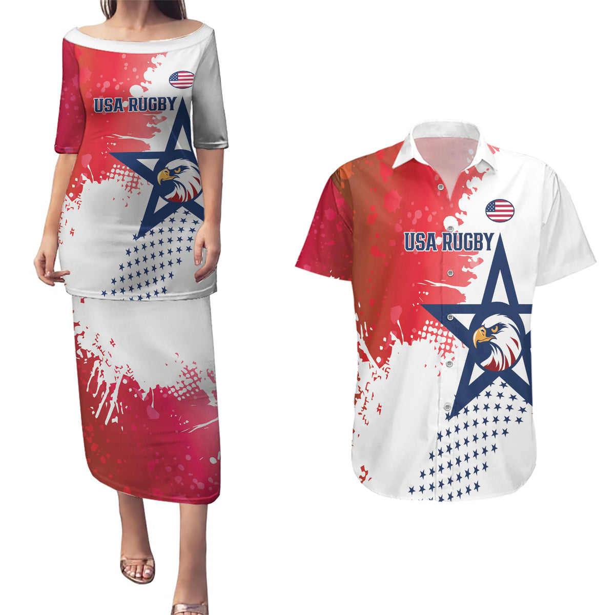 Custom United States Rugby Couples Matching Puletasi and Hawaiian Shirt 2024 Pacific Go Eagles - Wonder Print Shop