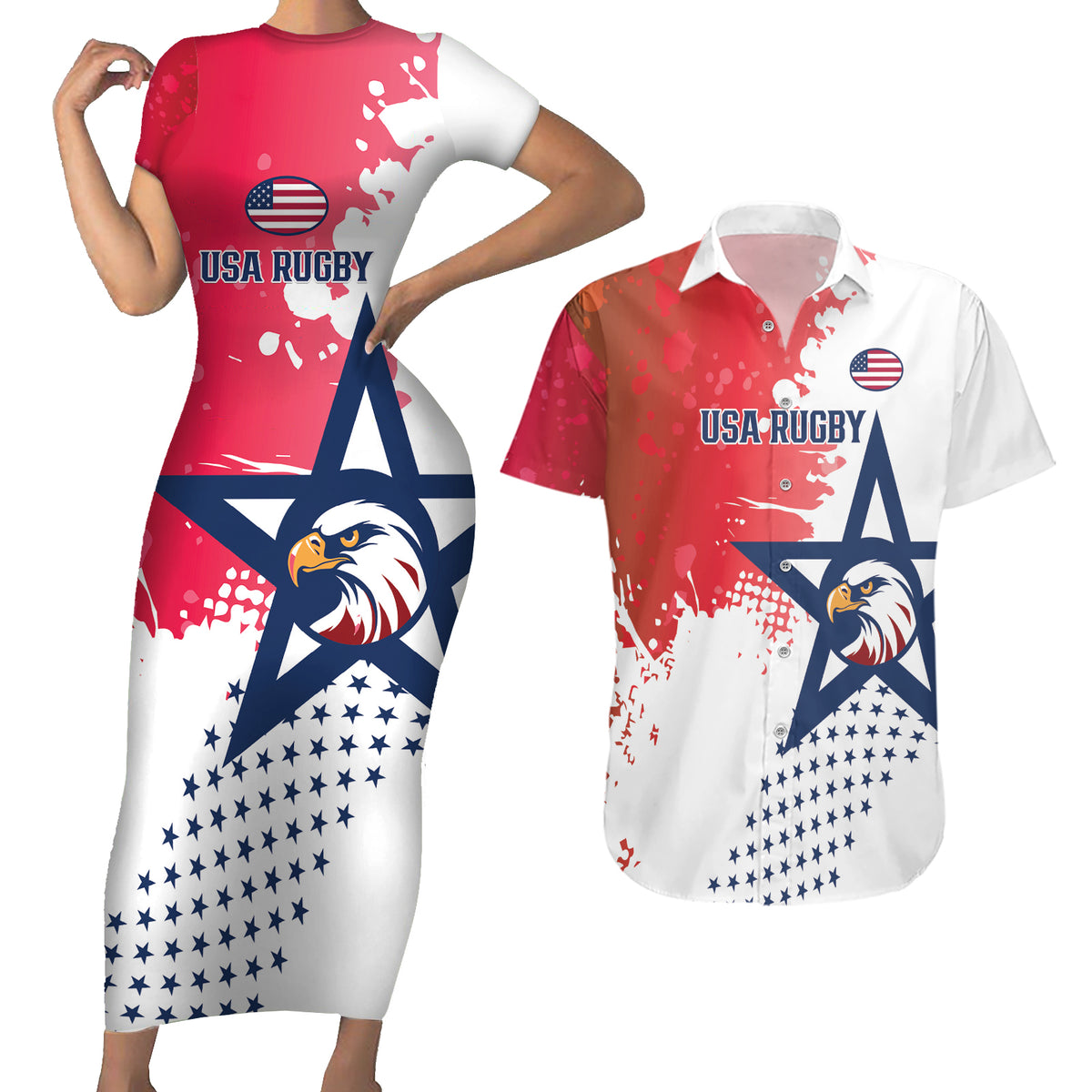 Custom United States Rugby Couples Matching Short Sleeve Bodycon Dress and Hawaiian Shirt 2024 Pacific Go Eagles - Wonder Print Shop