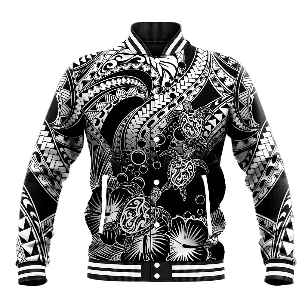 Personalised Polynesian Baseball Jacket Tribal Honu Turtle with Hibiscus White Version - Wonder Print Shop