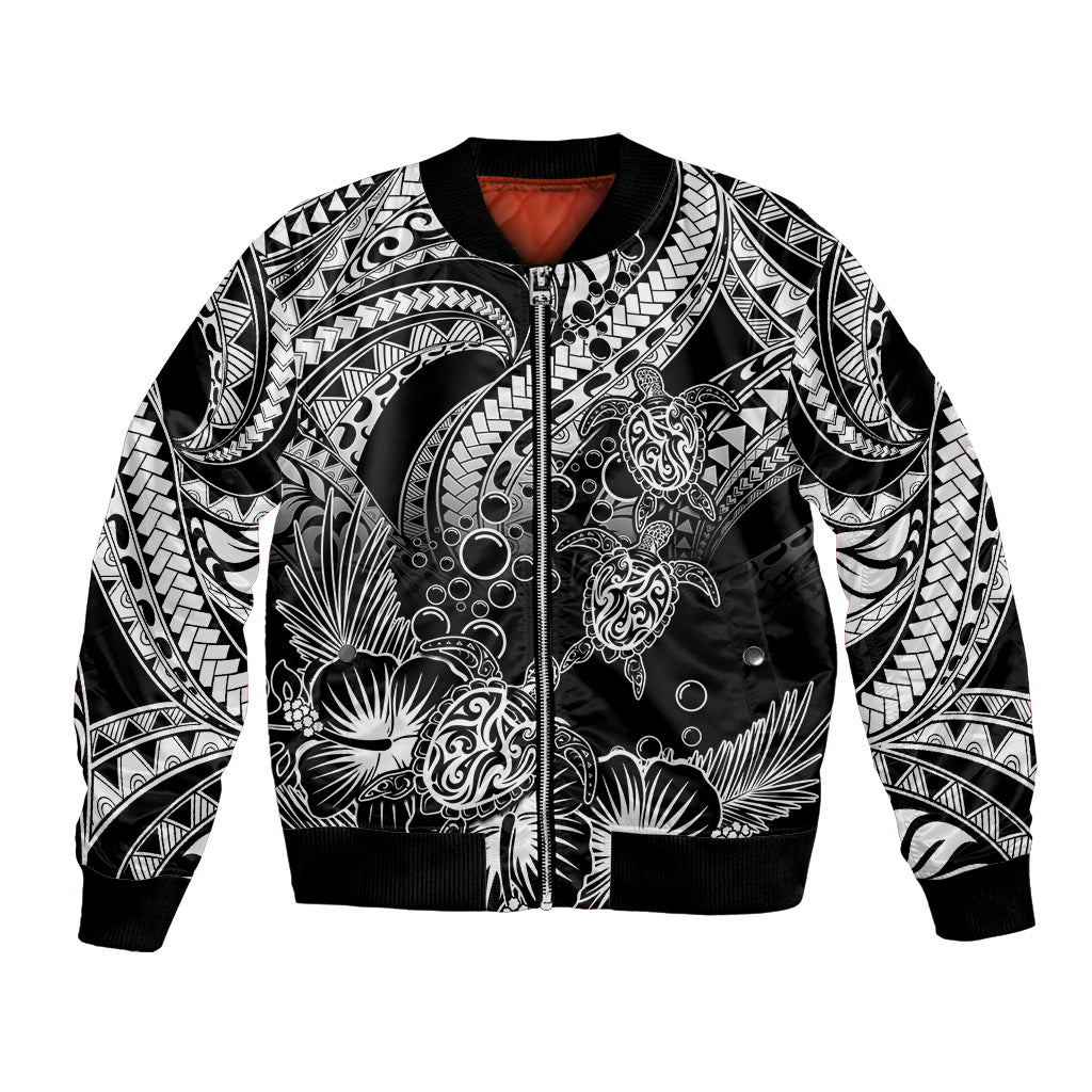 Personalised Polynesian Bomber Jacket Tribal Honu Turtle with Hibiscus White Version - Wonder Print Shop
