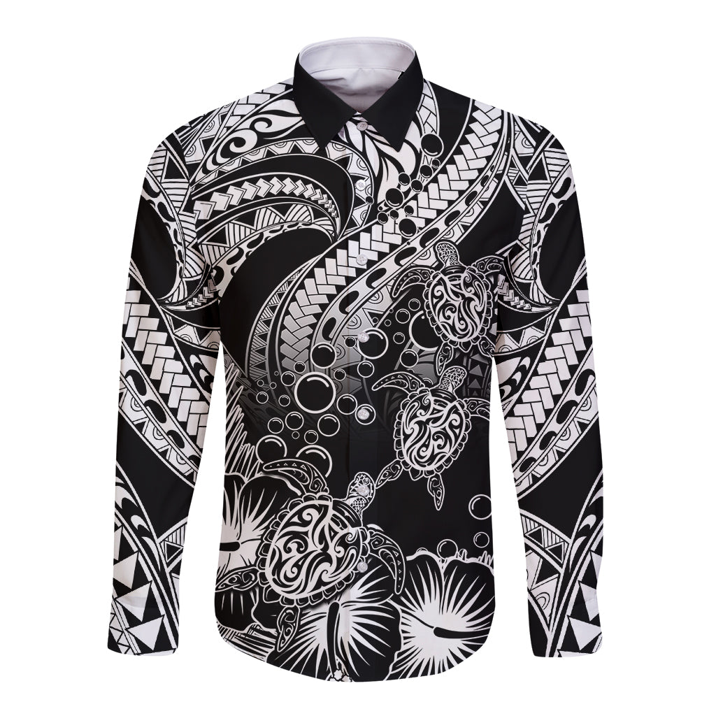 Personalised Polynesian Long Sleeve Button Shirt Tribal Honu Turtle with Hibiscus White Version - Wonder Print Shop